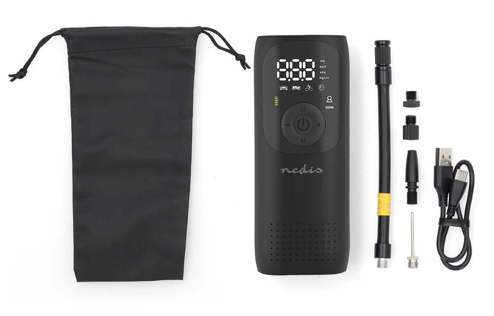 NEDIS dobíjecí vzduchový kompresor/ 0.1 - 10.3 Bar/ provozní režimy: auto/ motorka/ kolo / míč/ měřič tlaku vzduchu