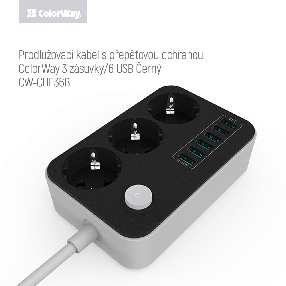 COLORWAY Prodlužovací napájecí přívod/ 3x Schuko/ 6x USB 5V / kabel 1,8m