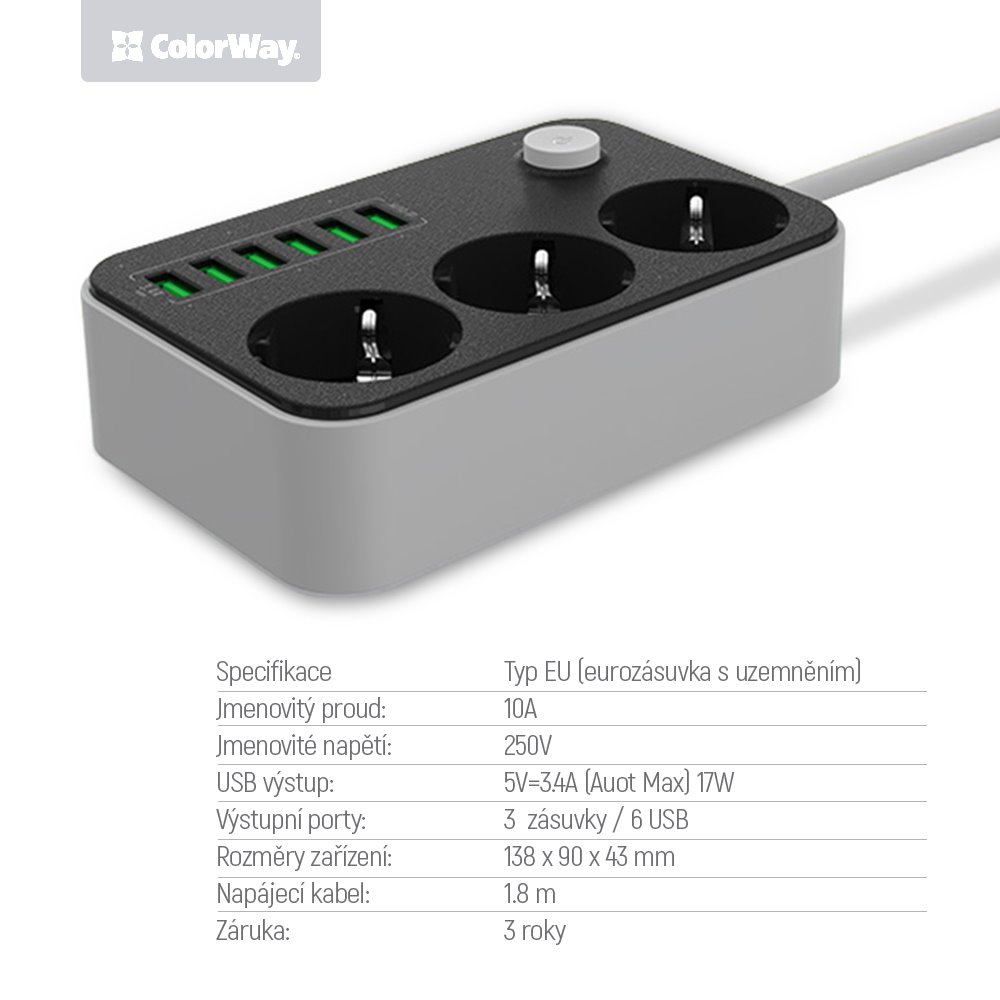 COLORWAY Prodlužovací napájecí přívod/ 3x Schuko/ 6x USB 5V / kabel 1,8m