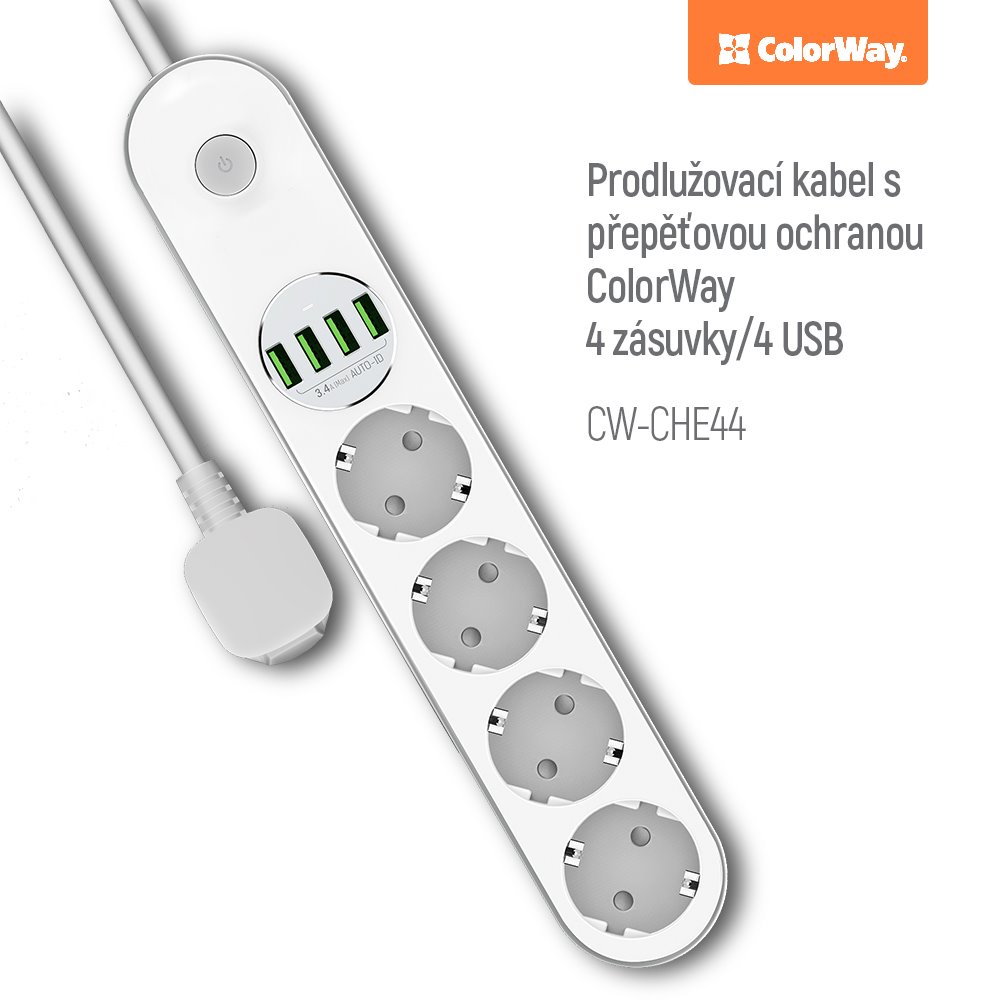 COLORWAY Prodlužovací napájecí přívod/ 4x Schuko/ 4x USB 5V / kabel 2m
