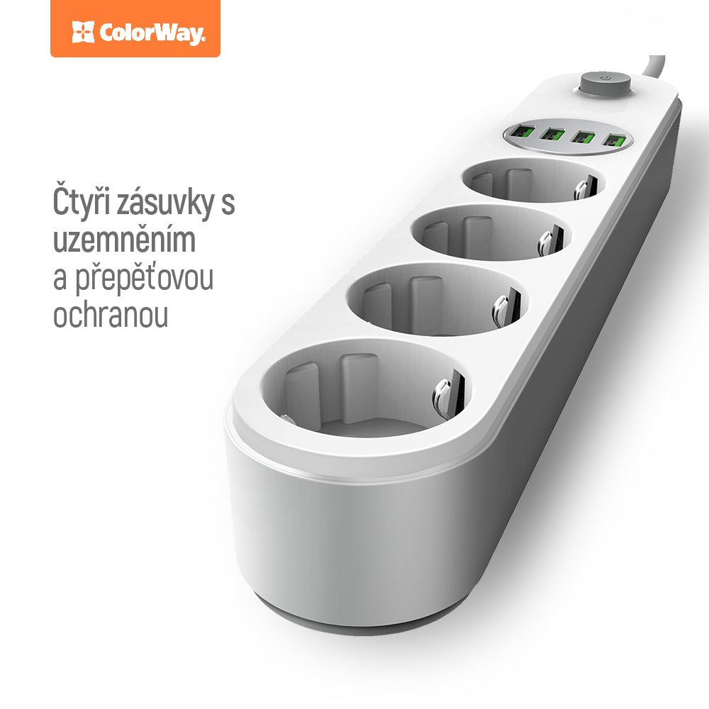 COLORWAY Prodlužovací napájecí přívod/ 4x Schuko/ 4x USB 5V / kabel 2m