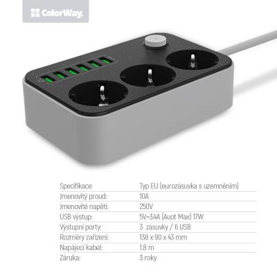COLORWAY Prodlužovací napájecí přívod/ 3x Schuko/ 6x USB 5V / kabel 1,8m