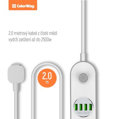 COLORWAY Prodlužovací napájecí přívod/ 4x Schuko/ 4x USB 5V / kabel 2m