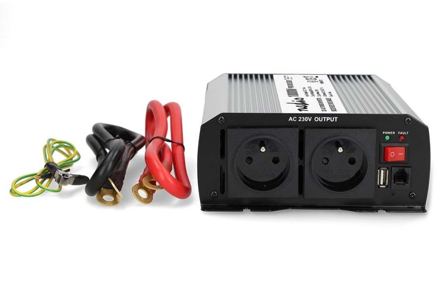 NEDIS měnič napětí/ modifikovaná sinusoida/ 12 V DC/230 V AC 50 Hz/ 1000 W (2000 W špička)/ USB-A/ 2x zásuvka type E