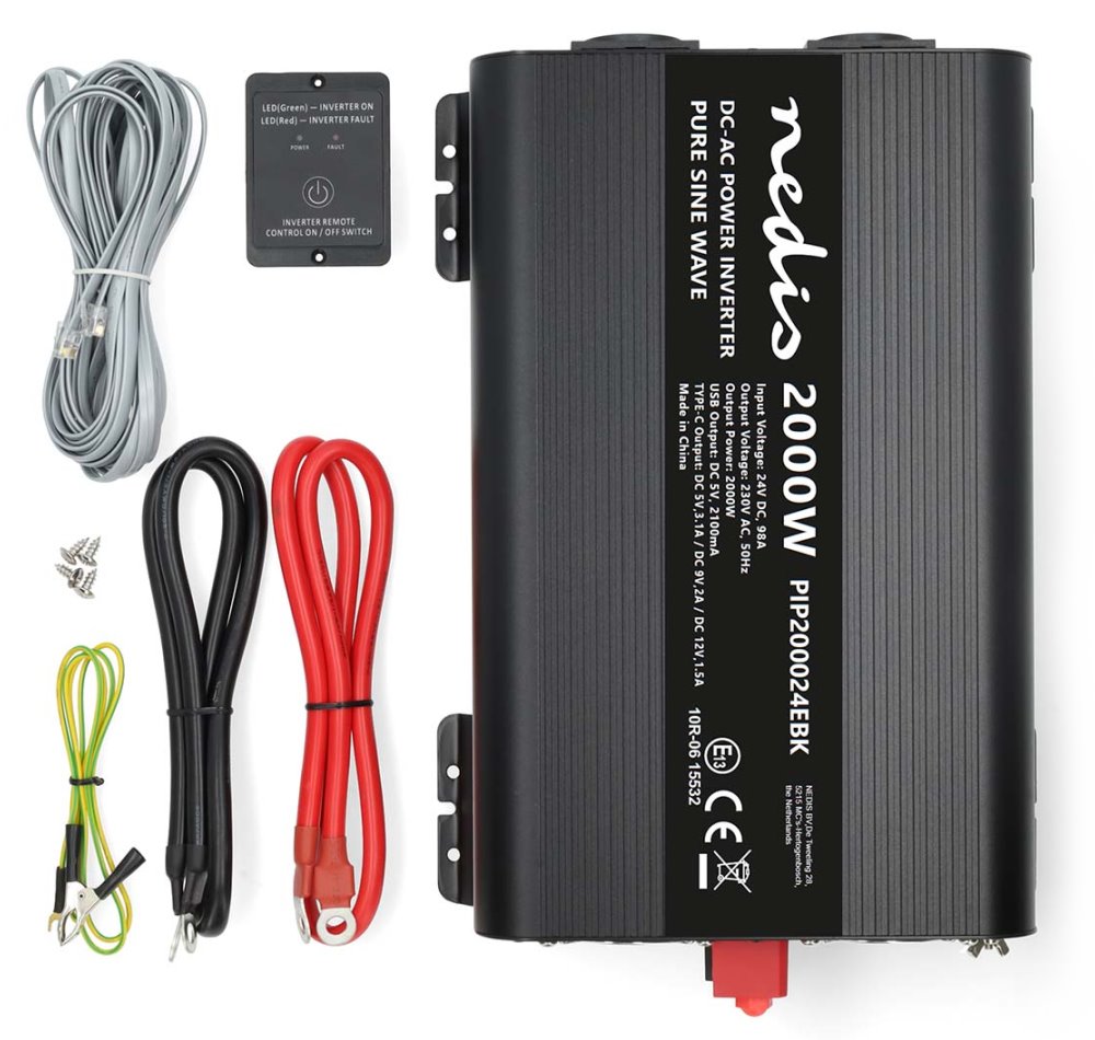 NEDIS měnič napětí/ čistá sinusoida/ 24 V DC/230 V AC 50 Hz/ 2000 W (4000 W špička)/ USB-A / USB-C/ 2x zásuvka typu E