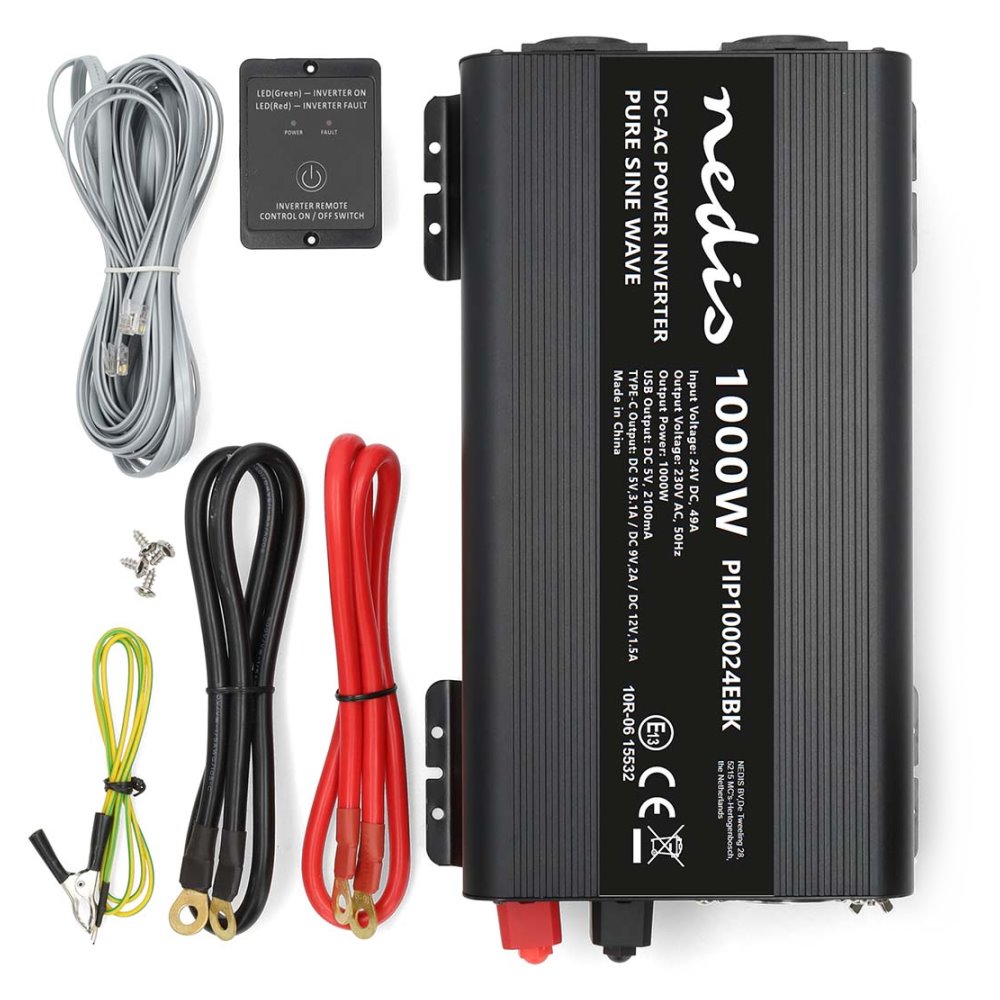 NEDIS měnič napětí/ čistá sinusoida/ 24 V DC/230 V AC 50 Hz/ 1000 W (2000 W špička)/ USB-A / USB-C/ 2x zásuvka typu E