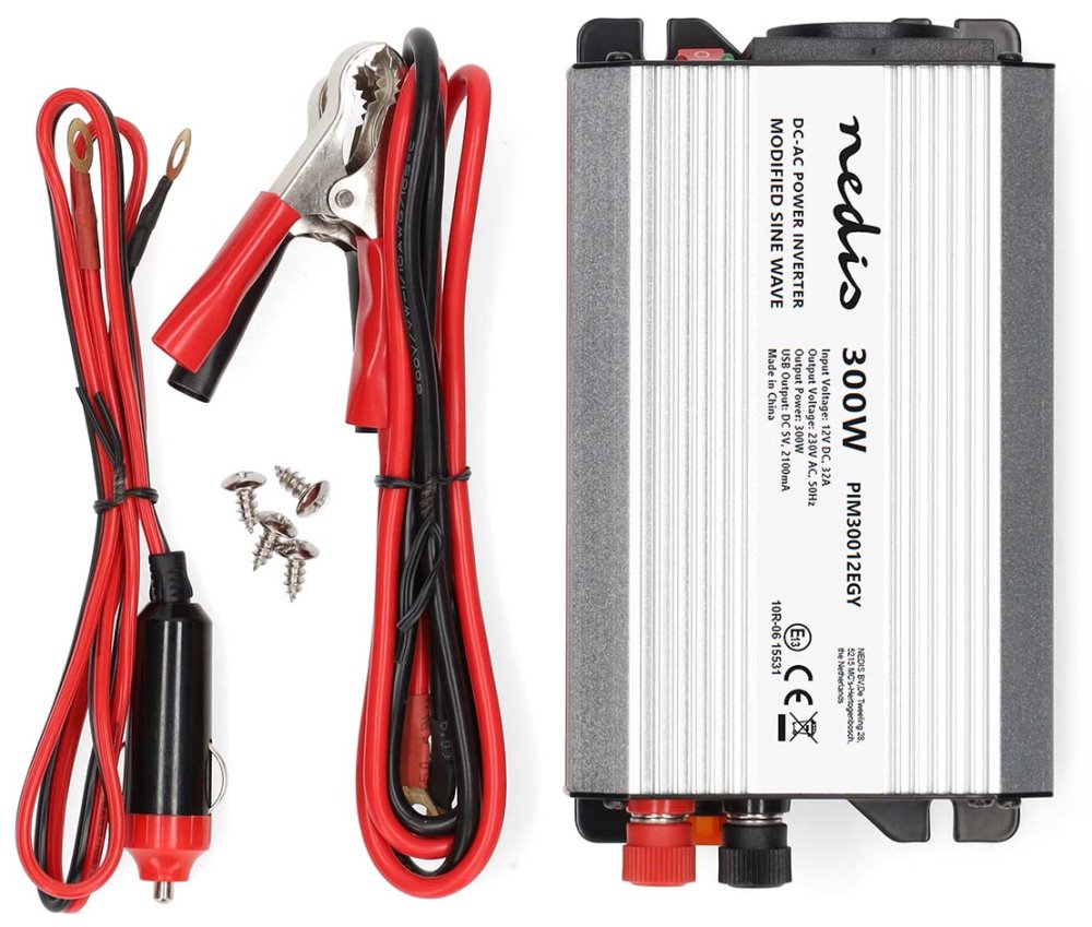 NEDIS měnič napětí/ modifikovaná sinusoida/ 12 V DC/230 V AC 50 Hz/ 300 W (600 W špička)/ USB-A/ 1x zásuvka type E