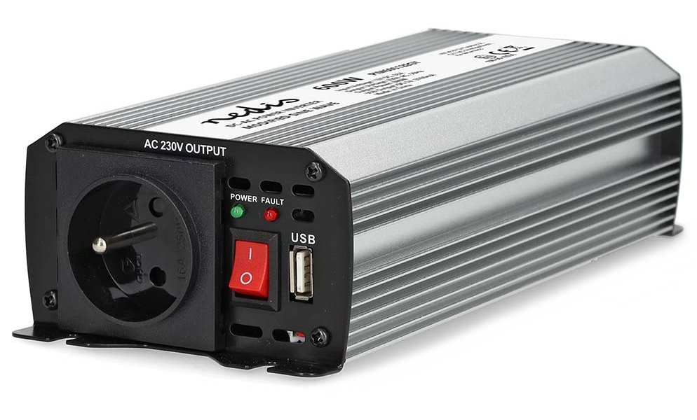 NEDIS měnič napětí/ modifikovaná sinusoida/ 12 V DC/230 V AC 50 Hz/ 600 W (1200 W špička)/ USB-A/ 1x zásuvka type E
