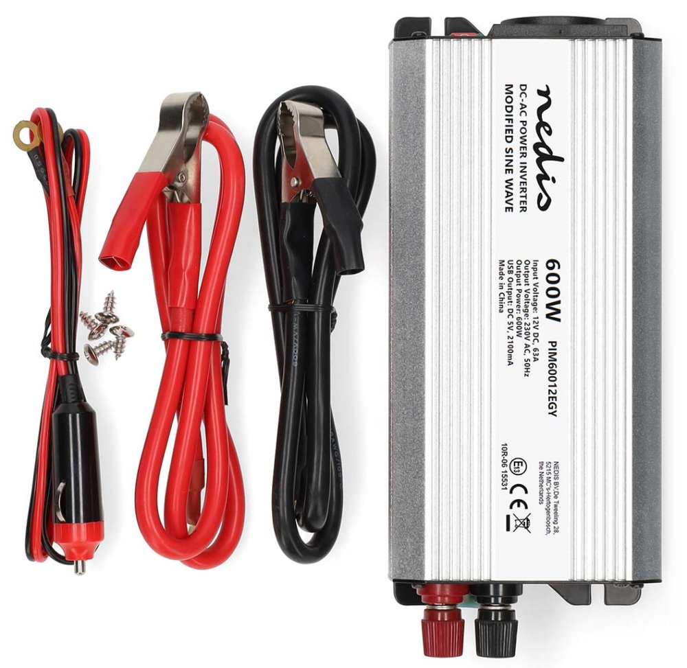NEDIS měnič napětí/ modifikovaná sinusoida/ 12 V DC/230 V AC 50 Hz/ 600 W (1200 W špička)/ USB-A/ 1x zásuvka type E