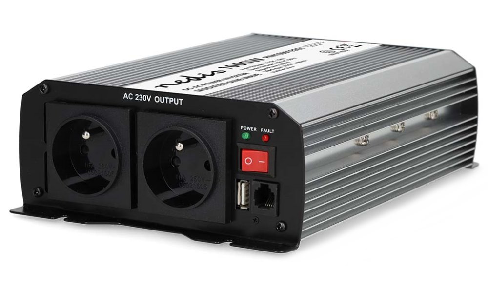 NEDIS měnič napětí/ modifikovaná sinusoida/ 12 V DC/230 V AC 50 Hz/ 1000 W (2000 W špička)/ USB-A/ 2x zásuvka type E