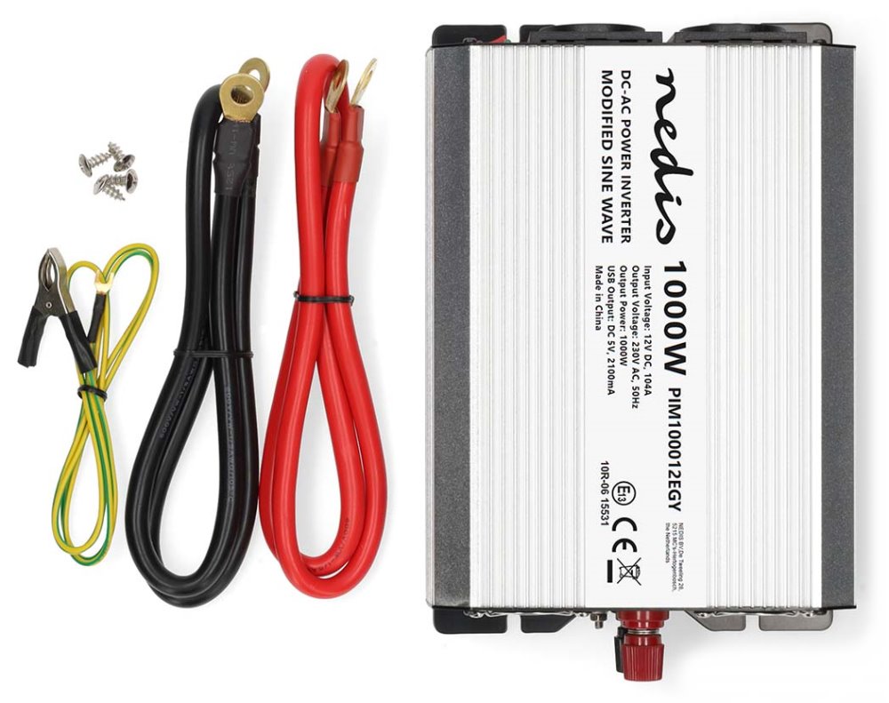 NEDIS měnič napětí/ modifikovaná sinusoida/ 12 V DC/230 V AC 50 Hz/ 1000 W (2000 W špička)/ USB-A/ 2x zásuvka type E