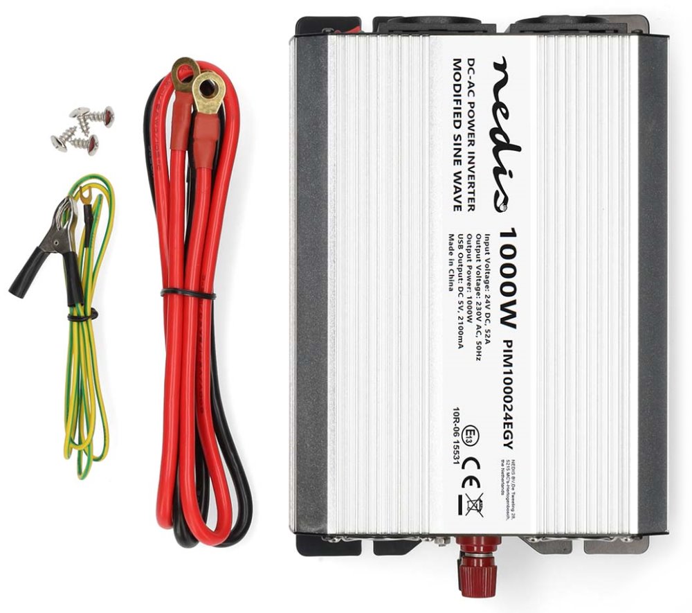 NEDIS měnič napětí/ modifikovaná sinusoida/ 24 V DC/230 V AC 50 Hz/ 1000 W (2000 W špička)/ USB-A/ 2x zásuvka type E
