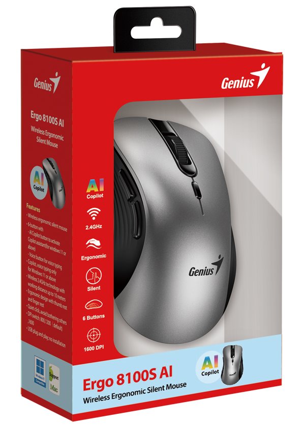 GENIUS Ergo 8100S AI Silver Grey/ 1600 dpi/ bezdrátová/ Copilot/ 6tlačítek/ tichá/ střibrnošedá