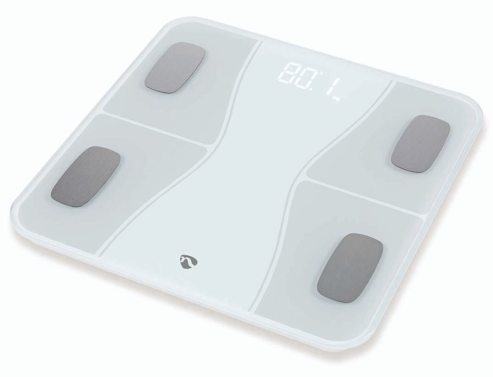 NEDIS chytrá osobní váha/ Bluetooth/ 16 měřících funkcí/ nosnost 180kg/ Android/ iOS/ ABS/ sklo/ bílá