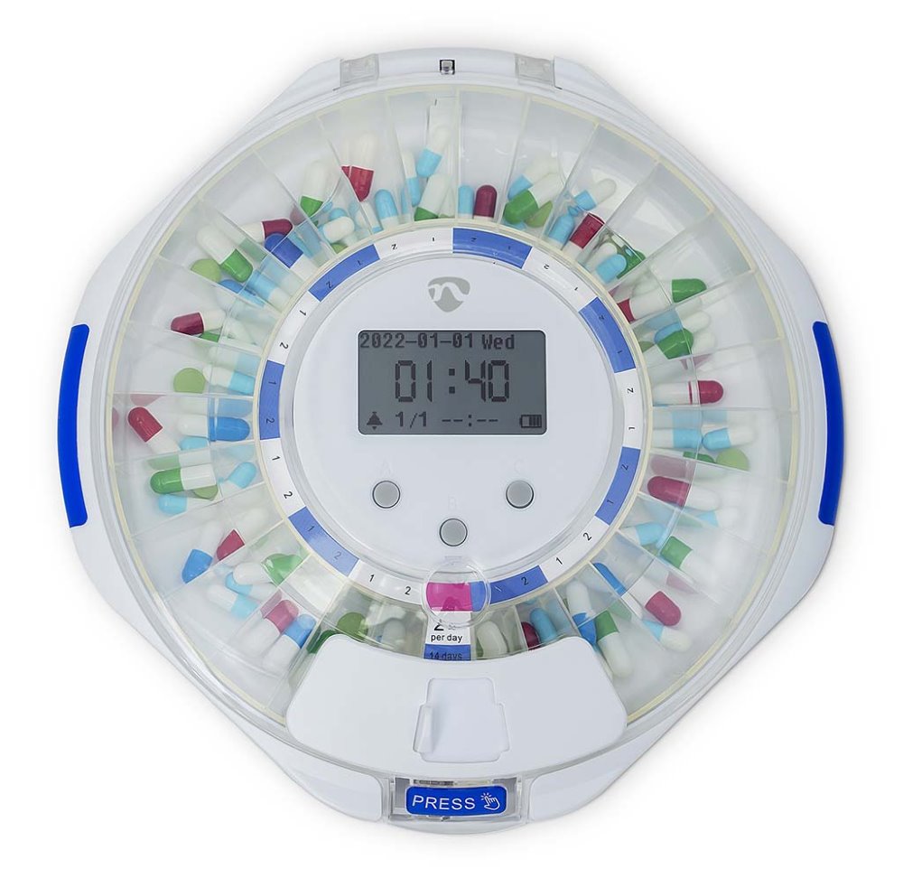 NEDIS Wi-Fi chytrý dávkovač pilulek/ 28 přihrádek/ počet časů poplachu: 9 budíků za den/ Hlas / Pípnutí / Světlo/ LCD
