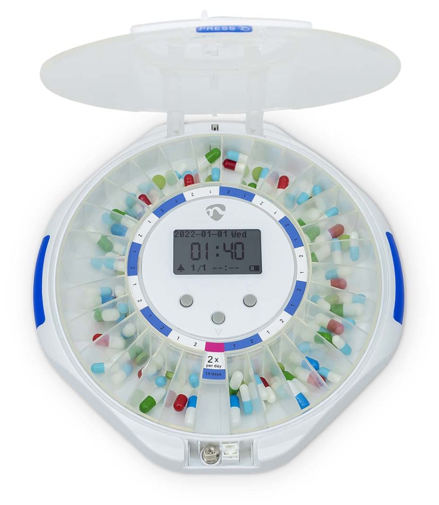 NEDIS Wi-Fi chytrý dávkovač pilulek/ 28 přihrádek/ počet časů poplachu: 9 budíků za den/ Hlas / Pípnutí / Světlo/ LCD