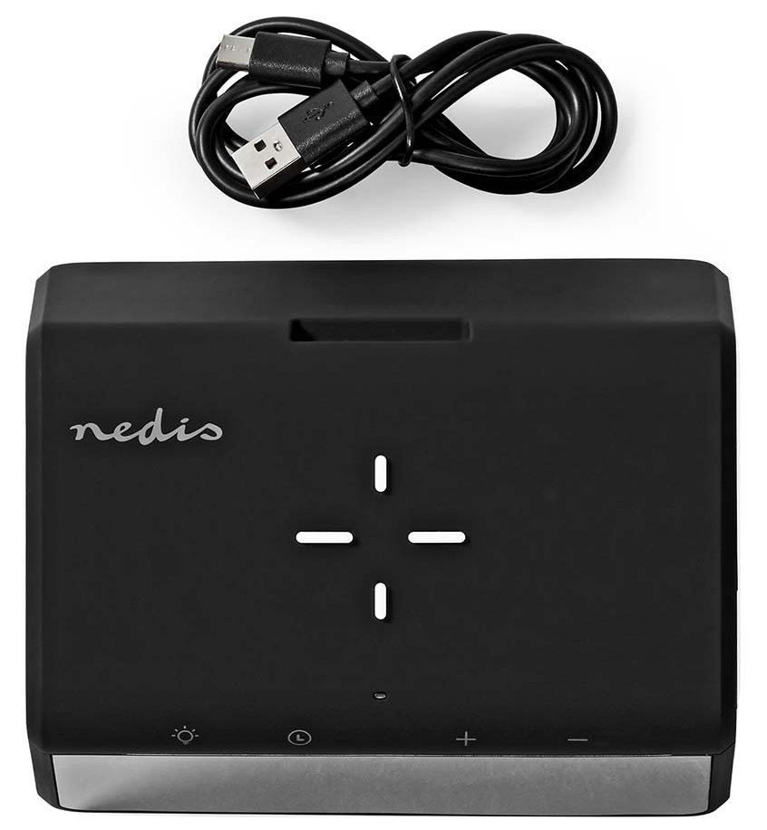 NEDIS budík/ bezdrátová nabíječka/ Qi certifikace/ noční lampička/ více barev/ 5/12/9VDC/ 1.0A/2.5A/ USB-A/ černý