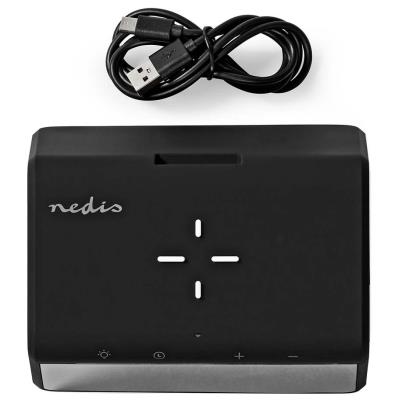 NEDIS budík/ bezdrátová nabíječka/ Qi certifikace/ noční lampička/ více barev/ 5/12/9VDC/ 1.0A/2.5A/ USB-A/ černý