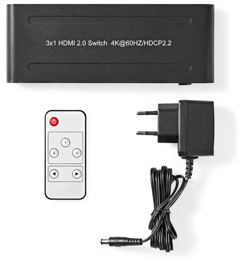 NEDIS HDMI přepínač/ 3x HDMI vstup/ 1x HDMI výstup/ 4K@60Hz/ dálkové ovládání/ box/ kov/ antracit