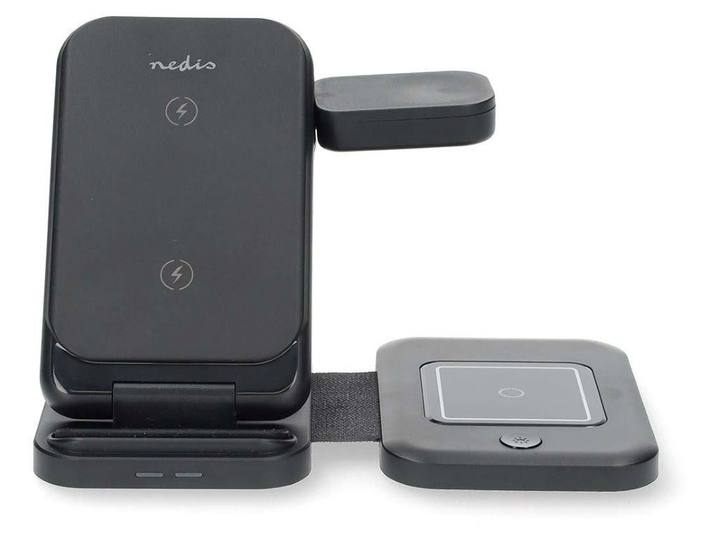 NEDIS bezdrátová nabíječka 3 v 1/ 15 W/ LED indikace provozu/ USB-A/ USB-C/ černá/ kabel 1m