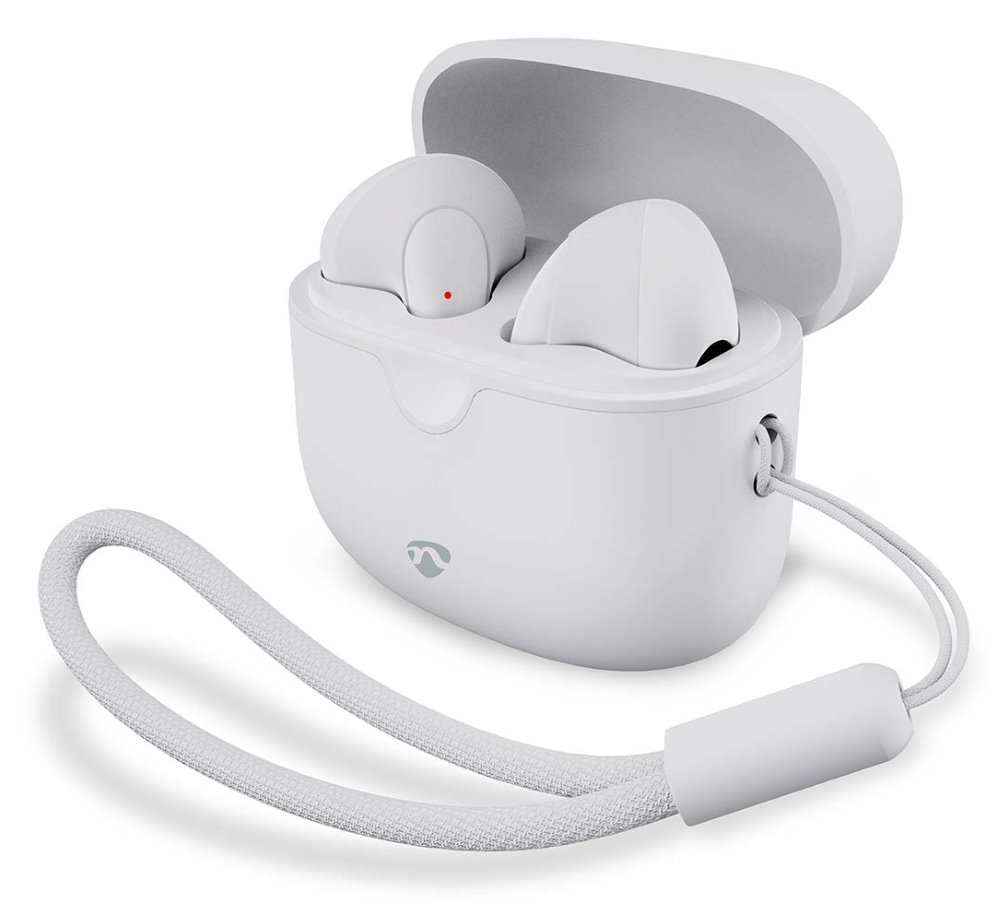 NEDIS bezdrátová sluchátka + mikrofon/ TWS/ BT/ 94 dB/ výdrž 16 hodin/ hlasové ovládání/ nabíjecí pouzdro/ USB-C/ bílé