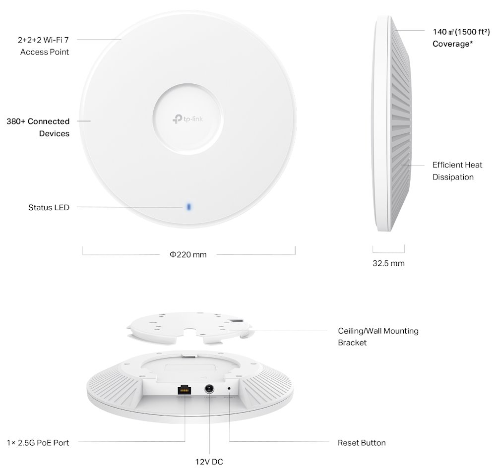 TP-Link EAP772 Omada BE9300 stropní AP Tri-Band Wi-Fi 7, 574Mbps 2.4 GHz + 2880 Mbps 5 GHz+ 5760 Mbps 6 GHz, 1x 2.5GLAN