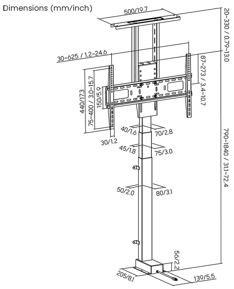 NEDIS stojan na TV/ 37 - 80"/ nosnost 60 kg/ motorizovaný/ provedení do skříně/ zdvih 68 - 158 cm/ DO/ ocel/ černý