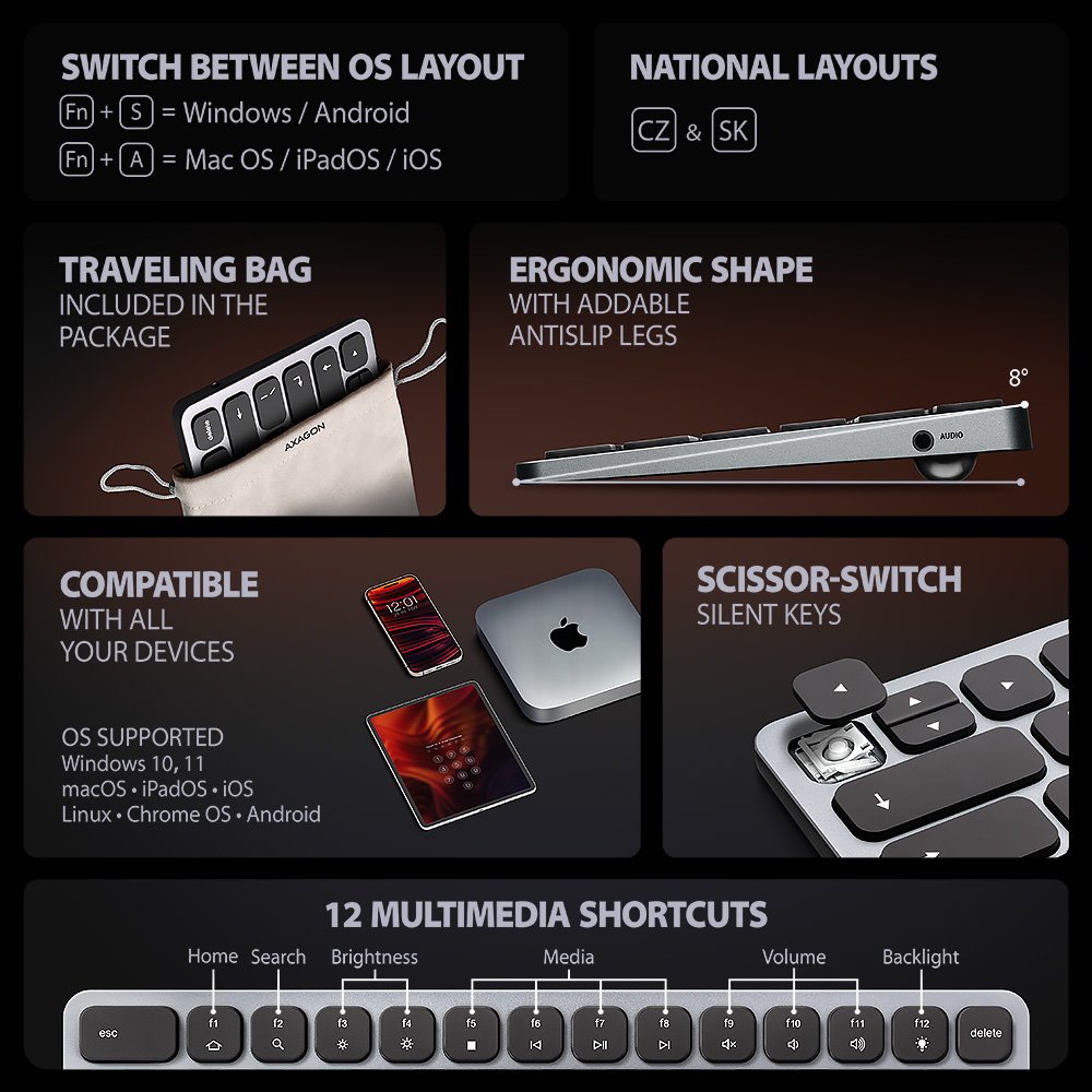 AXAGON multi portový USB-C hub s klávesnicí / HMC-KB-CS / HDMI / PD / 3x USB-A / CZ&SK / 60cm