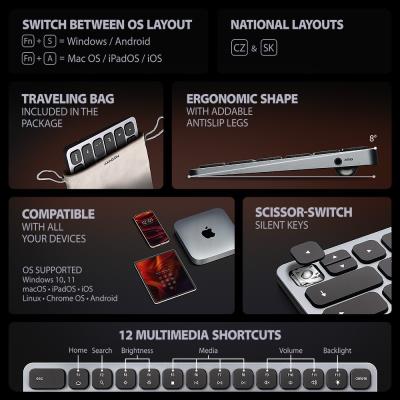 AXAGON multi portový USB-C hub s klávesnicí / HMC-KB-CS / HDMI / PD / 3x USB-A / CZ&SK / 60cm