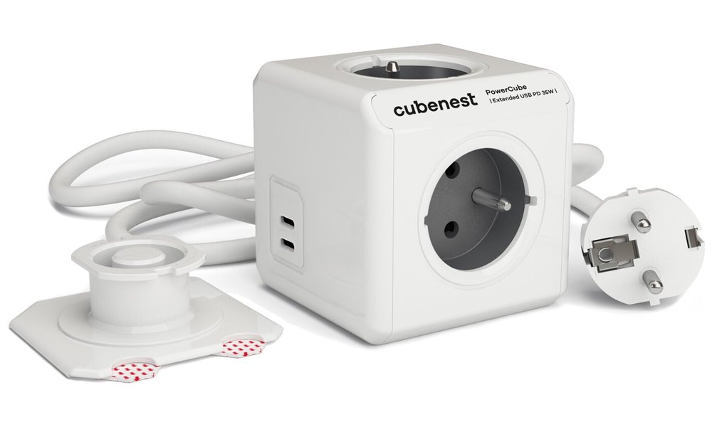 Cubenest Powercube Extended USB PD 35W, 2xUSB-C, 4× zásuvka, 1,5m, bílá/šedá, dětská pojistka, uzemnění, montážní dok