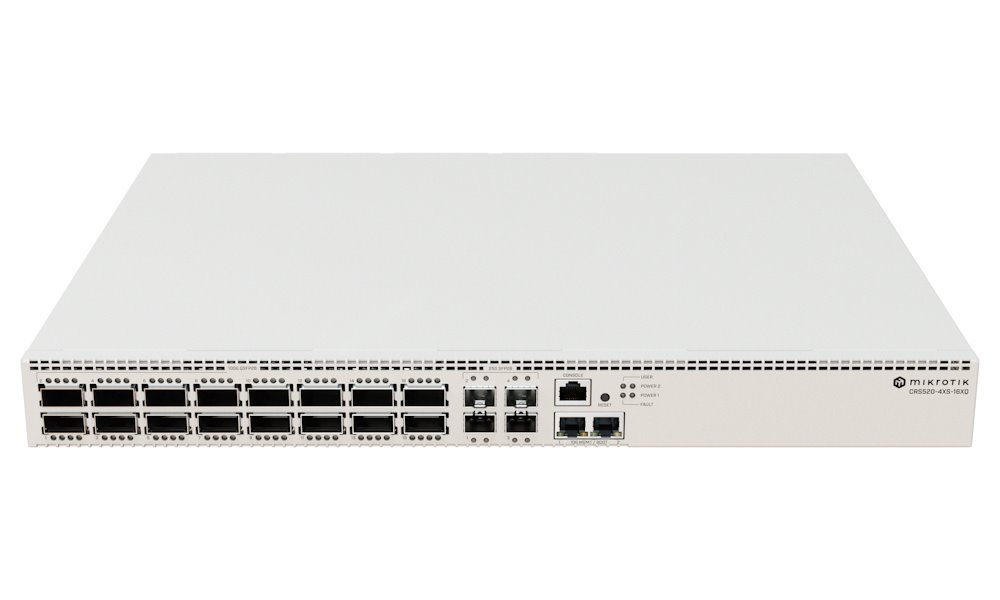 MikroTik Cloud Switch CRS520-4XS-16XQ-RM, 4x 2GHz CPU, 4GB RAM, 2x 10 GbE, 16x QSFP28, 4x SFP28, 2x PSU, L5