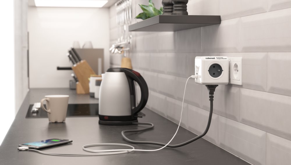 Cubenest Powercube Original USB PD 20W, A+C, 4× zásuvka, bílá/šedá, dětská pojistka, uzemnění, max. 16A/250V~3680W