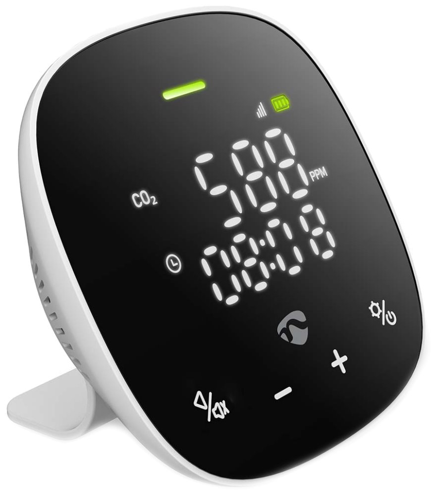 NEDIS Wi-Fi chytrý monitor kvality ovzduší/ včetně displeje/ Oxid uhličitý (CO2)/ teplota / vlhkost/ černo-bílý