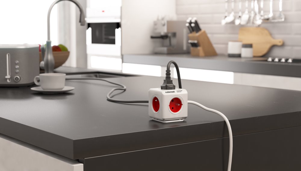 Cubenest Powercube Extended, 5× zásuvka, 1,5 m,  bílá/červená, dětská pojistka, uzemnění, dok, max. 10A/250V~2500W