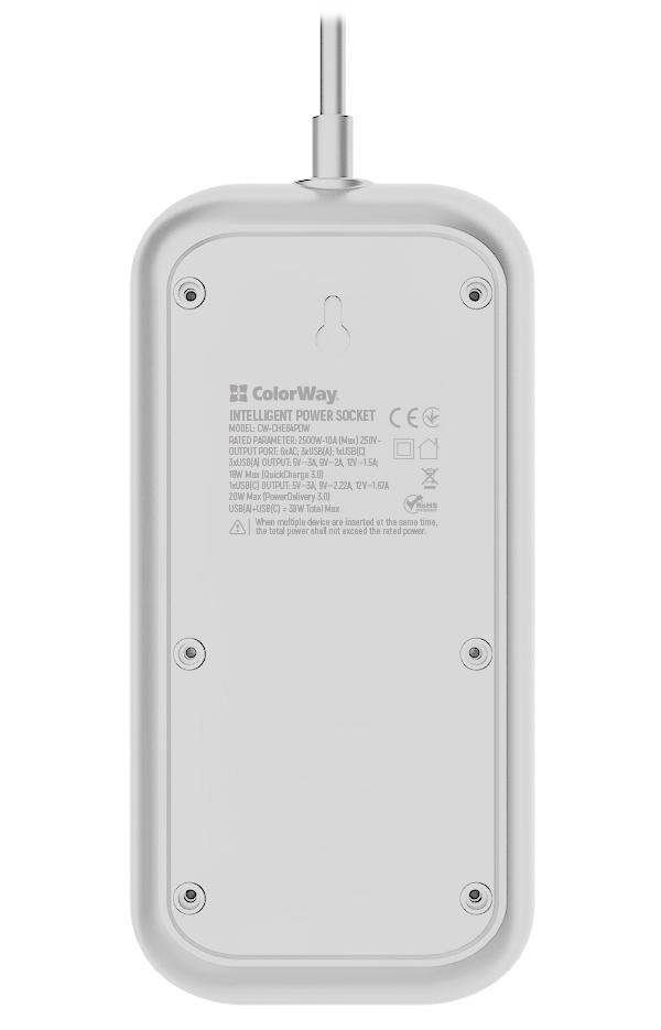 COLORWAY Prodlužovací napájecí přívod/ 6x Schuko/ 3x USB-A / 1x USB-C/ 36W/ kabel 2m