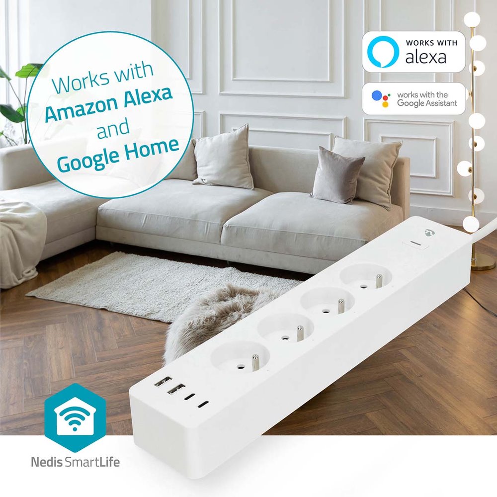 NEDIS Wi-Fi chytrý prodlužovací přívod/ 3x zásuvka typu E/ 16A/ 2x USB-A/ 2x USB-C/ 2m/ Android/ iOS/ bílá