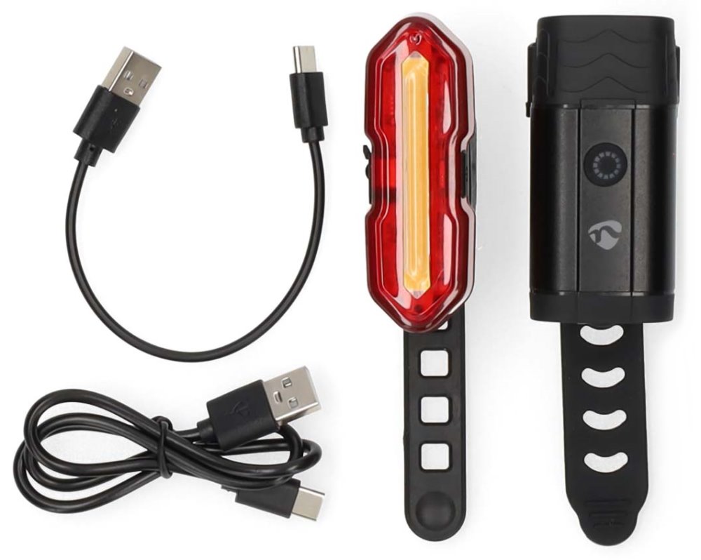 NEDIS světlo na kolo/ napájení z baterie/ 5 V DC/ 3 W/ včetně baterií/ dobíjecí/ 6500 K/ dosah svitu 100 m/ USB-C/ černé