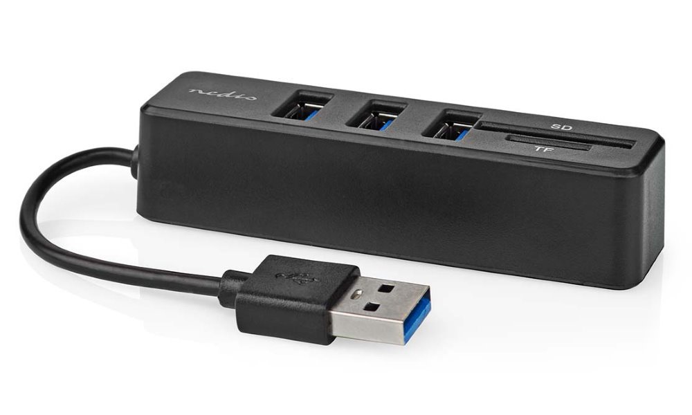 NEDIS USB hub/ zástrčka USB-A/ zásuvka USB-A/ 3 porty/ napájení z USB/ SD & MicroSD/ 3x USB/ černý