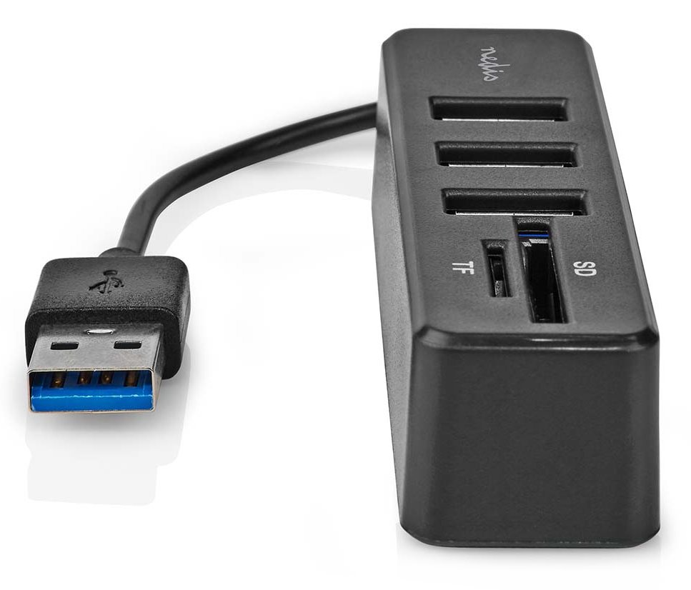 NEDIS USB hub/ zástrčka USB-A/ zásuvka USB-A/ 3 porty/ napájení z USB/ SD & MicroSD/ 3x USB/ černý