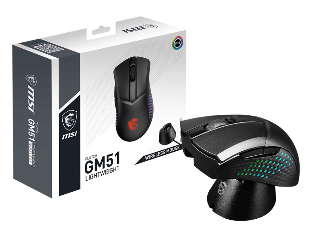 MSI herní myš CLUTCH GM51 Lightweight Wireless/ bezdrátová/ dobíjecí/ 26.000 dpi/ RGB podsvícení/ 6 tlačítek/ USB