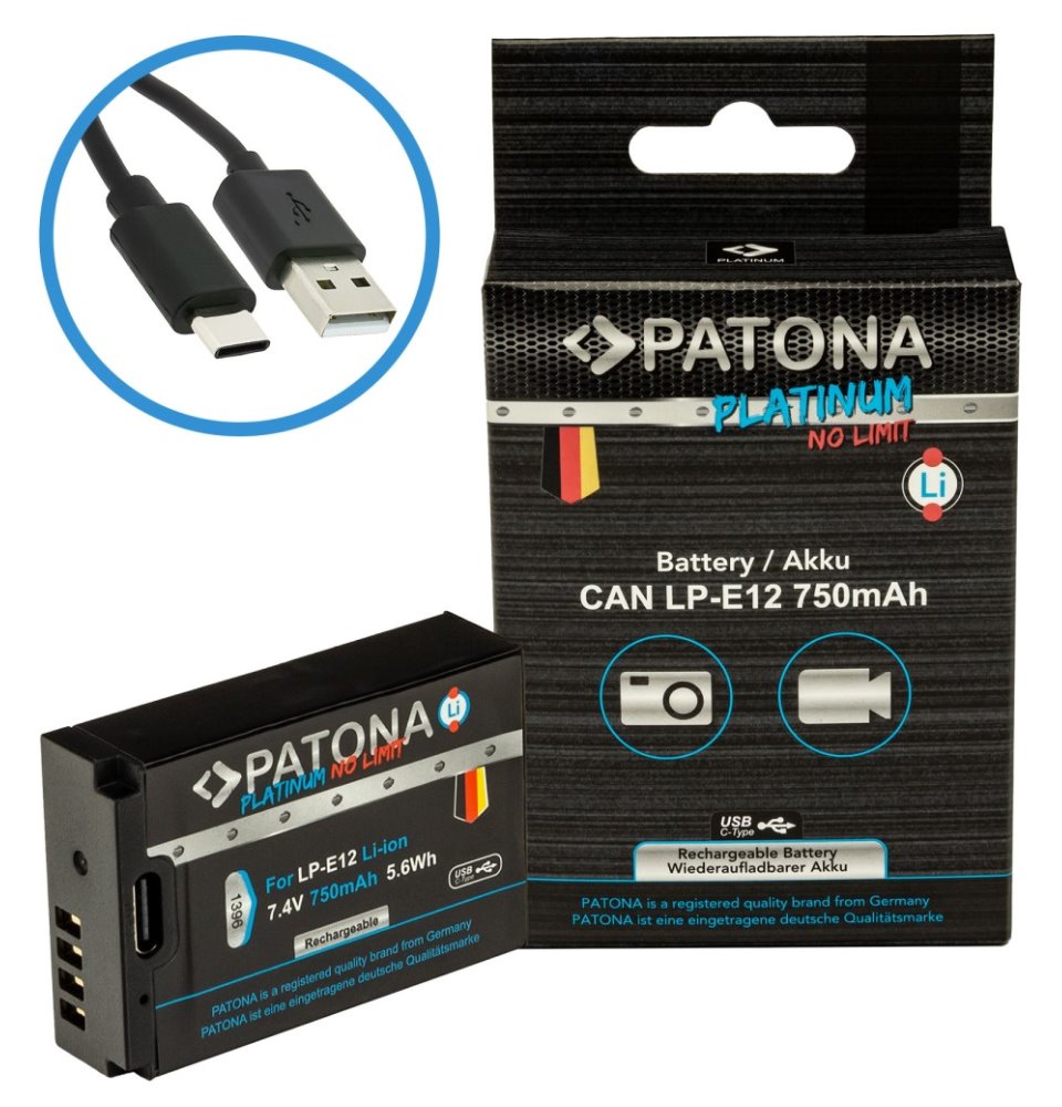 PATONA baterie pro foto Canon LP-E12 750mAh Li-Ion Platinum USB-C nabíjení