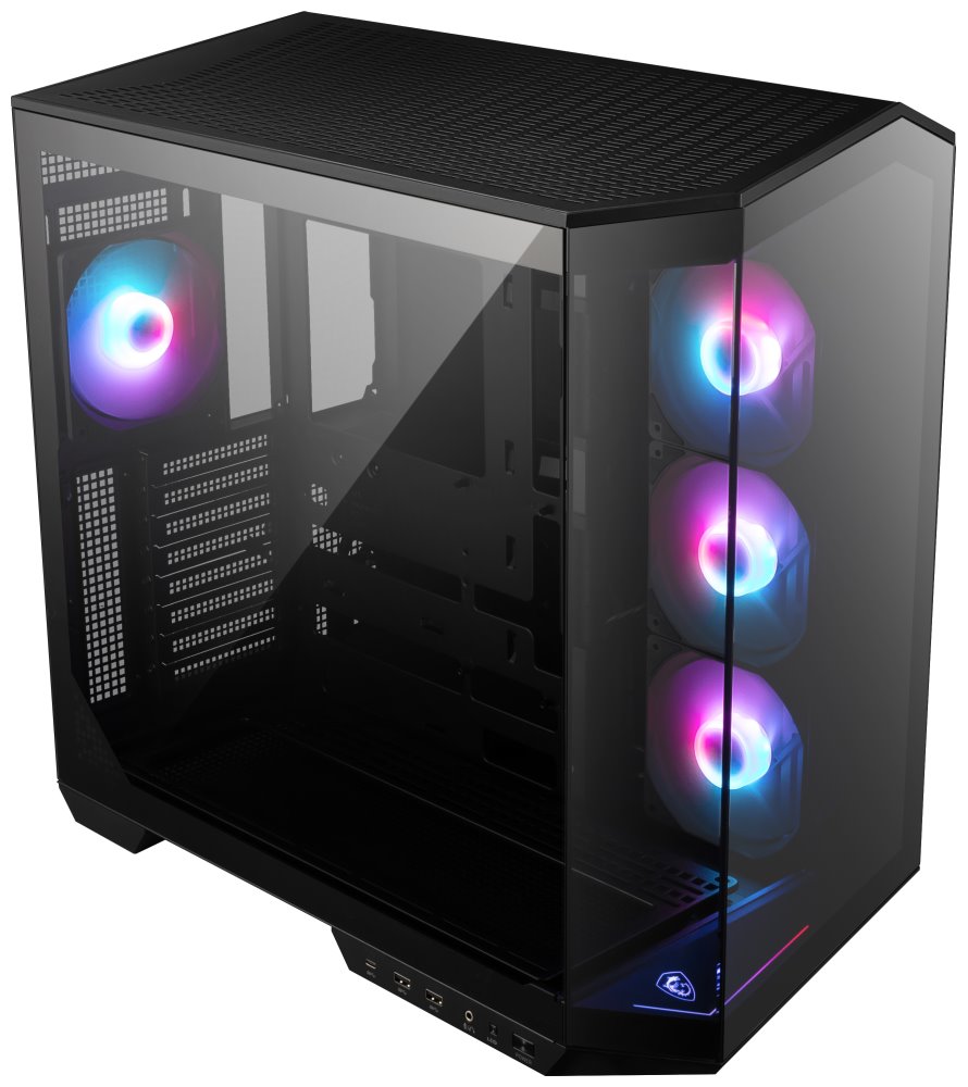 MSI skříň MAG PANO 100R PZ Black/ bez zdroje/ levé a přední sklo/ 4x 120 mm A-RGB fan/ 1x USB-C/ 1x USB3.2/ černá