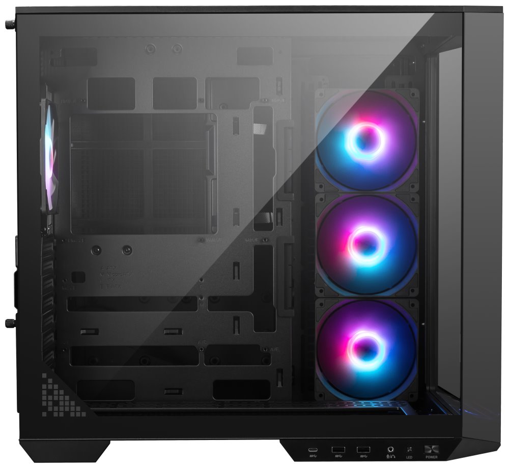 MSI skříň MAG PANO 100R PZ Black/ bez zdroje/ levé a přední sklo/ 4x 120 mm A-RGB fan/ 1x USB-C/ 1x USB3.2/ černá