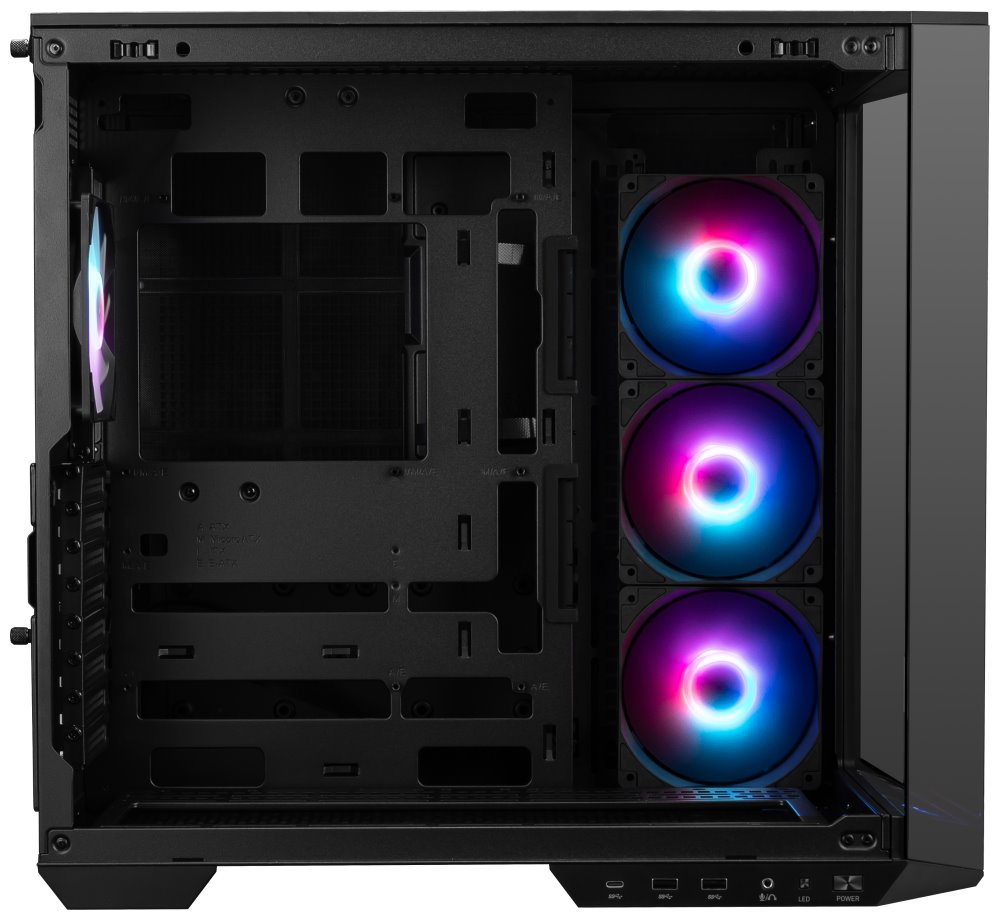 MSI skříň MAG PANO 100R PZ Black/ bez zdroje/ levé a přední sklo/ 4x 120 mm A-RGB fan/ 1x USB-C/ 1x USB3.2/ černá