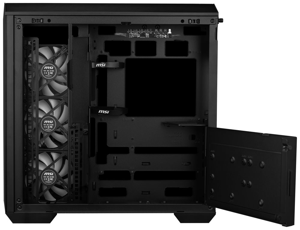MSI skříň MAG PANO 100R PZ Black/ bez zdroje/ levé a přední sklo/ 4x 120 mm A-RGB fan/ 1x USB-C/ 1x USB3.2/ černá