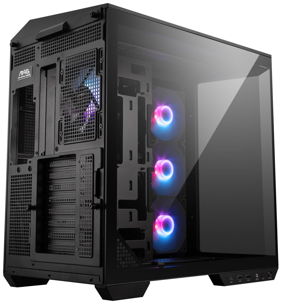 MSI skříň MAG PANO 100R PZ Black/ bez zdroje/ levé a přední sklo/ 4x 120 mm A-RGB fan/ 1x USB-C/ 1x USB3.2/ černá