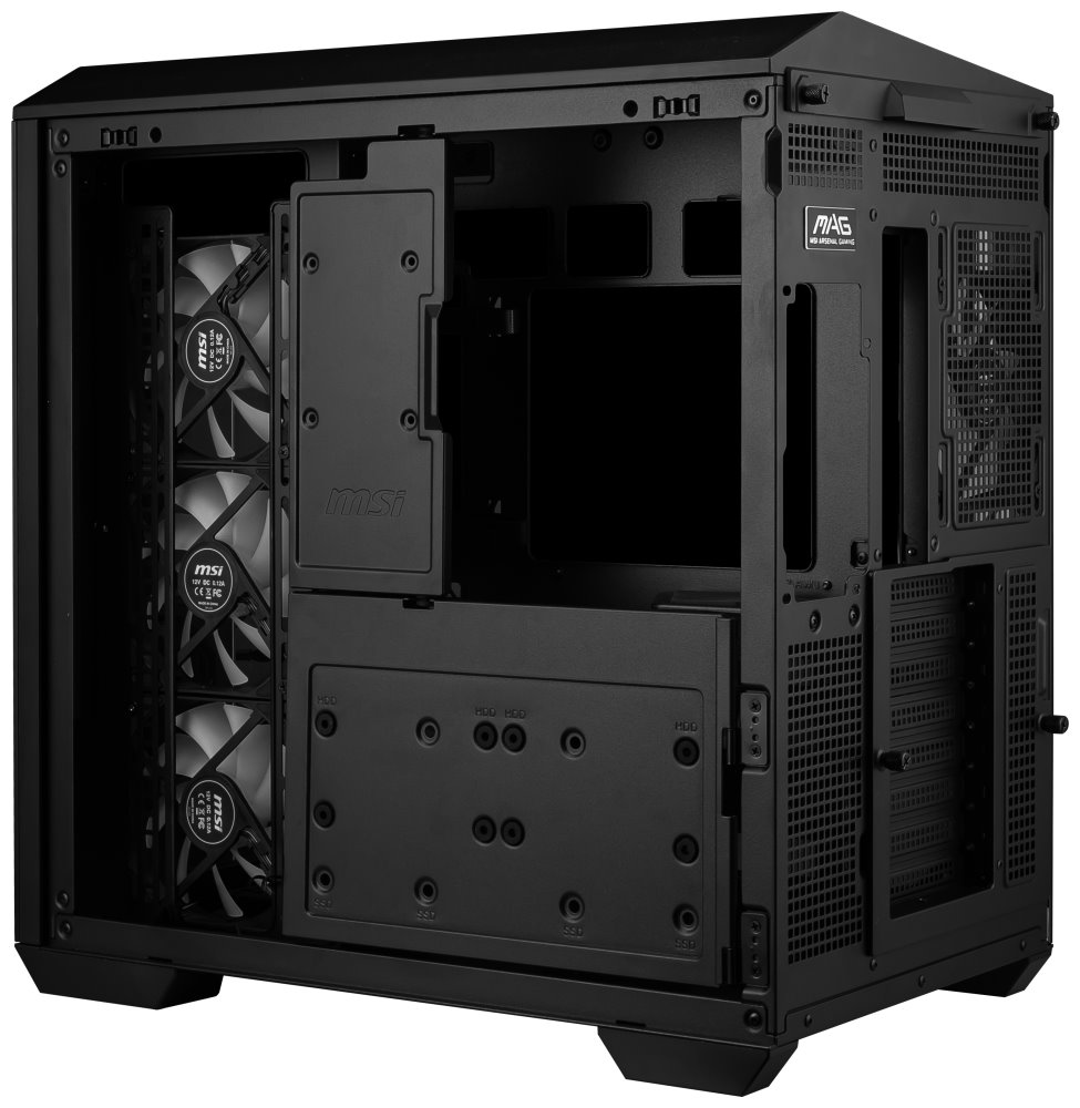 MSI skříň MAG PANO 100R PZ Black/ bez zdroje/ levé a přední sklo/ 4x 120 mm A-RGB fan/ 1x USB-C/ 1x USB3.2/ černá