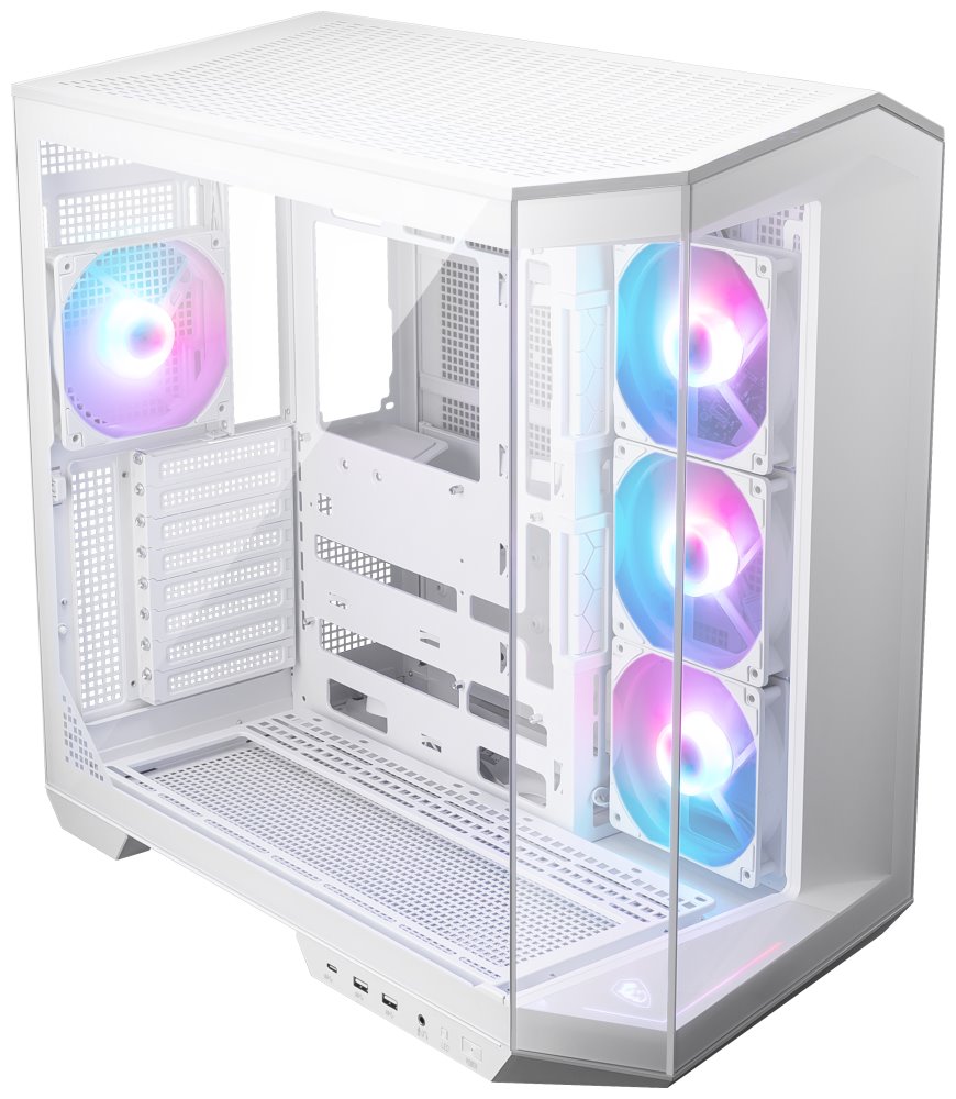 MSI skříň MAG PANO 100R PZ White/ bez zdroje/ levé a přední sklo/ 4x 120 mm A-RGB fan/ 1x USB-C/ 1x USB3.2/ bílá