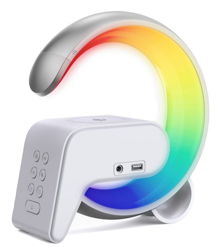 IMMAX LED relaxační lampička FLAMINGO/ Qi nabíjení/ budík/ RGB/ 300lm/ USB výstup/ BT 5.1/ stříbrná