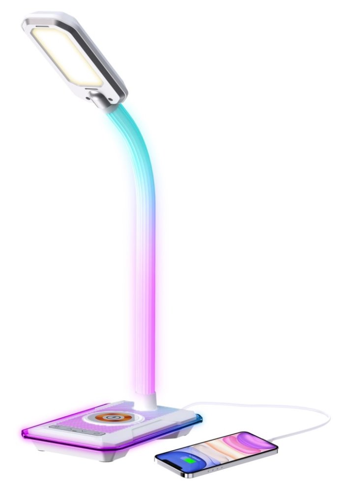 IMMAX LED stolní lampička GAMER RGB/ Qi nabíjení/ RGB/ 250lm/ 5V/2,1A/ USB výstup/ bílá
